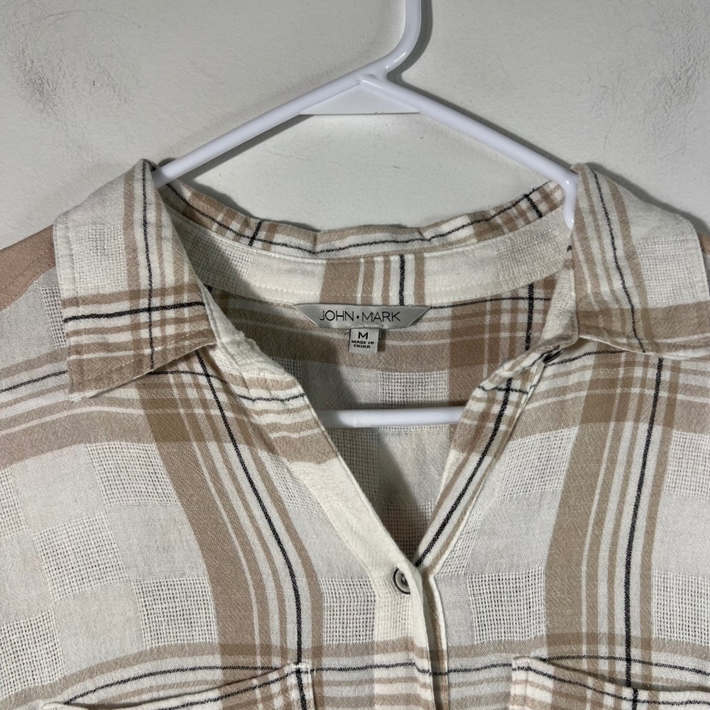John Mark Soft Plaid Floral Button Shirt Long Sleeve M White Tan Black - Picture 3 of 9